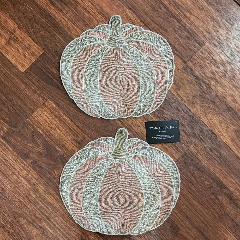 Tahari Home Beaded Pumpkin Chargers Set of 2 Pink Gold 15